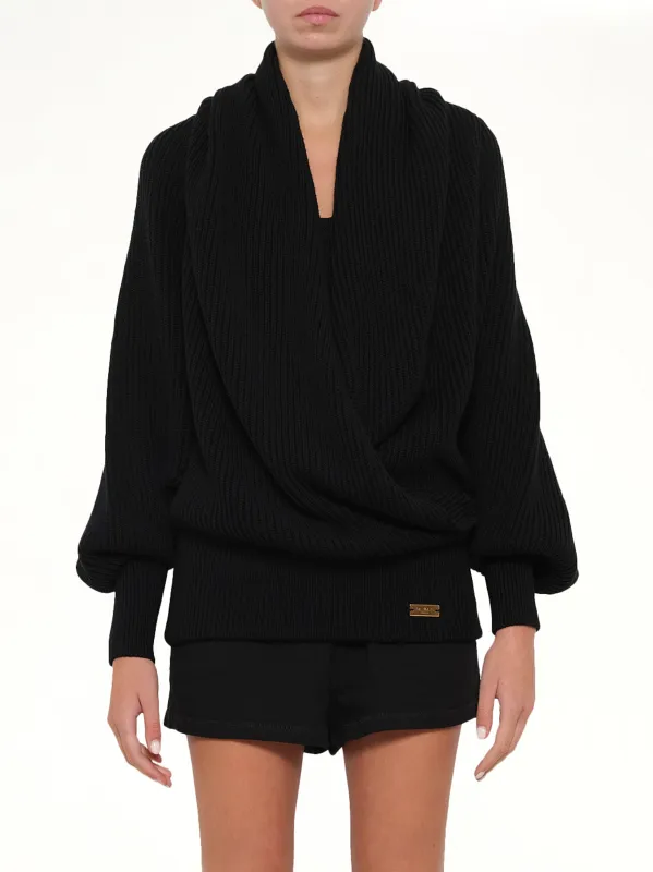 Batwing Hooded Rib Knit Pullover in Black made by Balmain