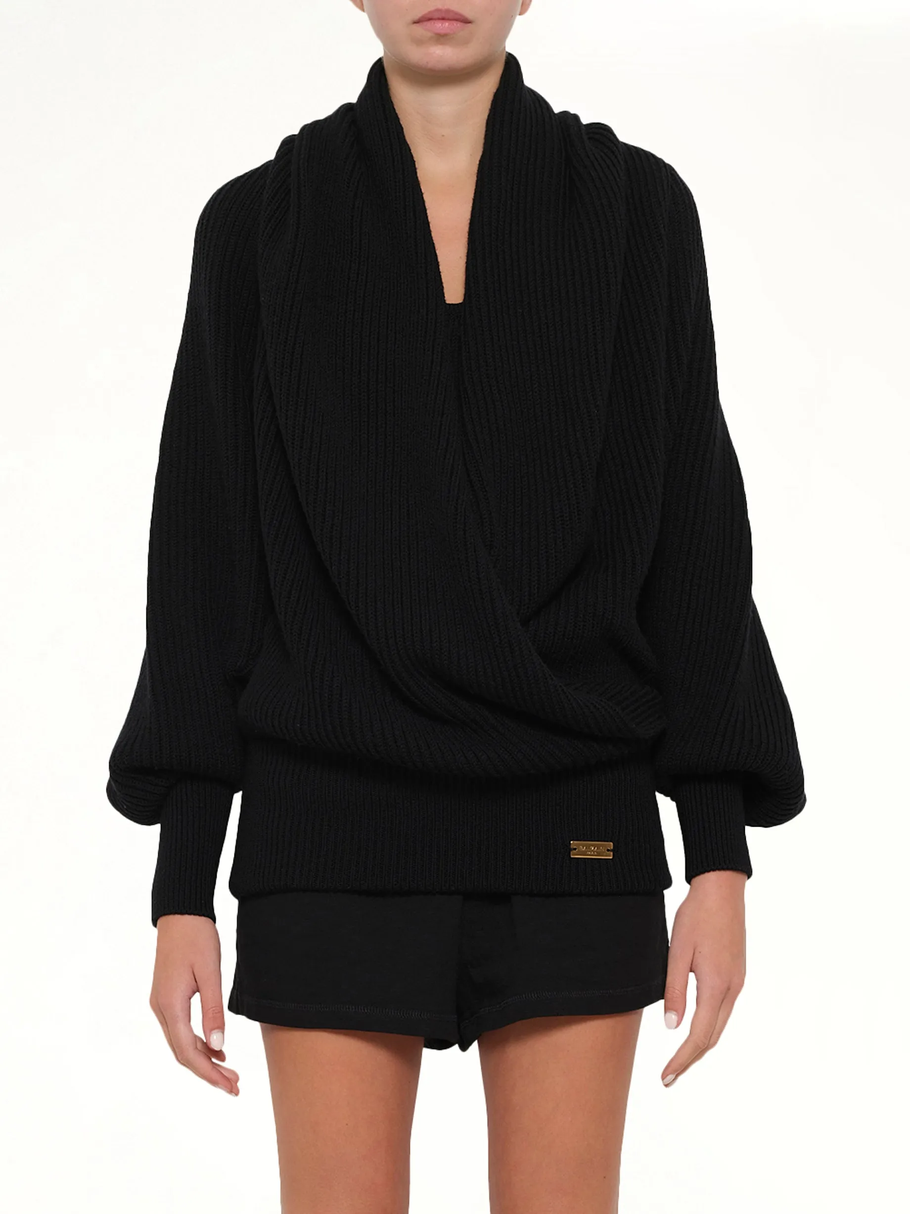 Batwing Hooded Rib Knit Pullover in Black sold by MARAIS