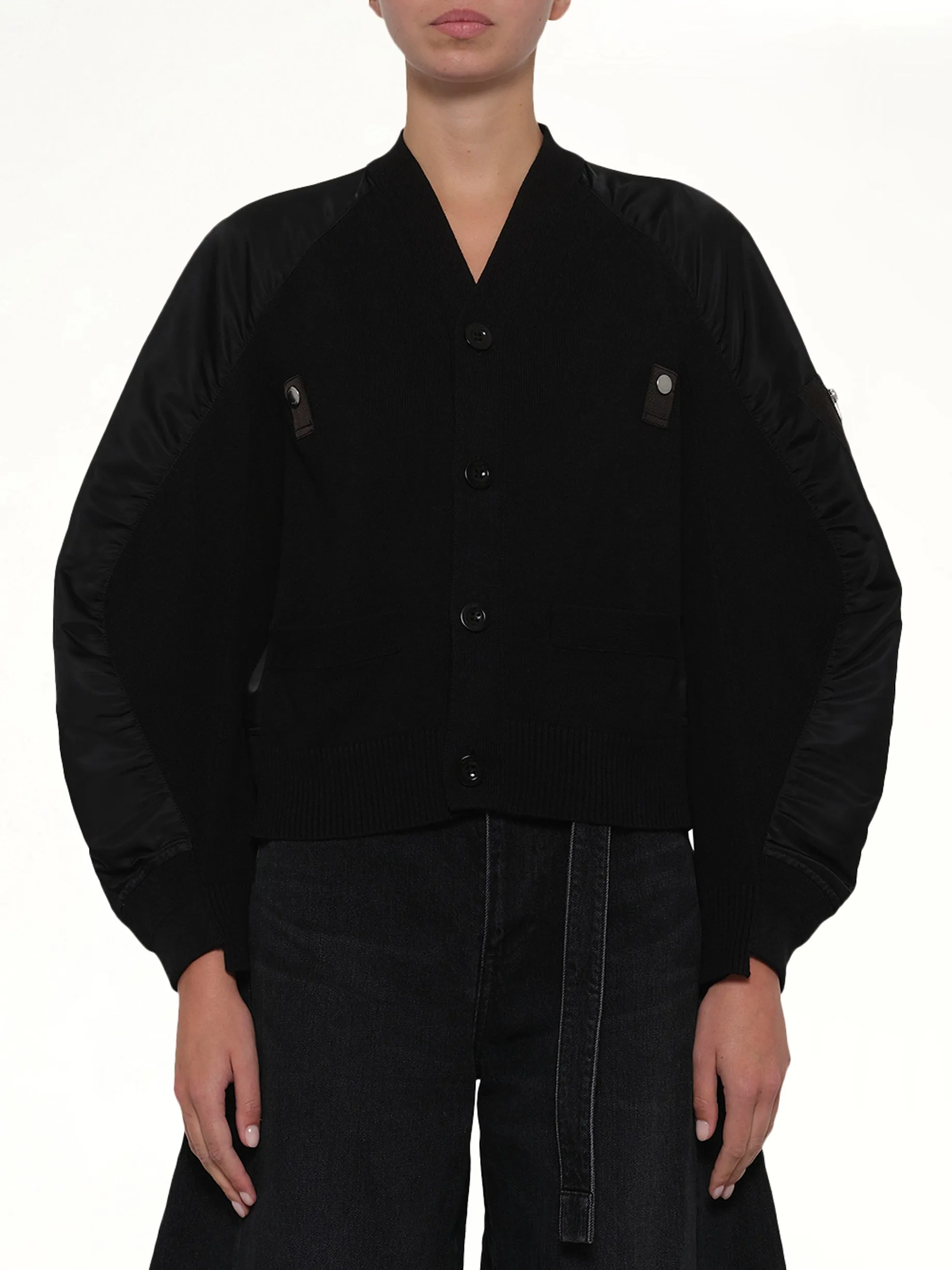 Nylon Twill x Knit Cardigan in Black sold by MARAIS