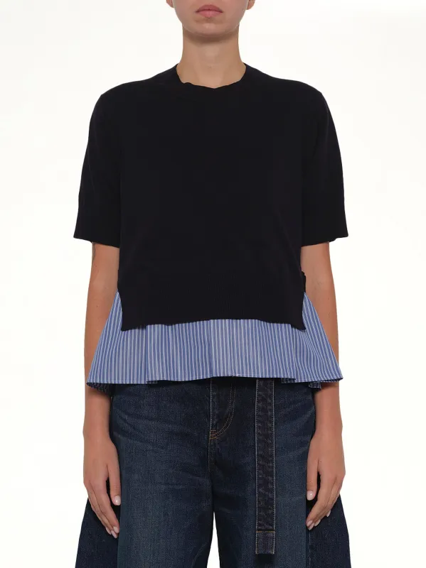 Poplin x Cotton Knit Pullover in Navy sold by MARAIS