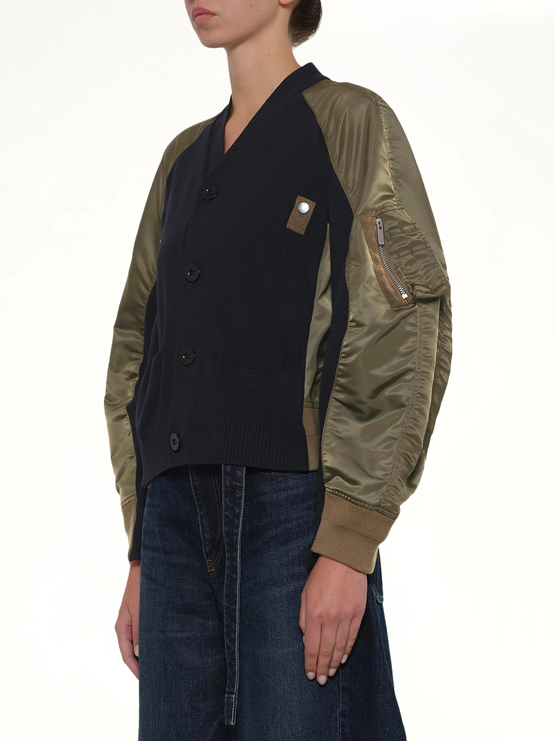 Nylon Twill x Knit Cardigan in Navy/Dark Khaki sold by MARAIS product image thumbnail 3