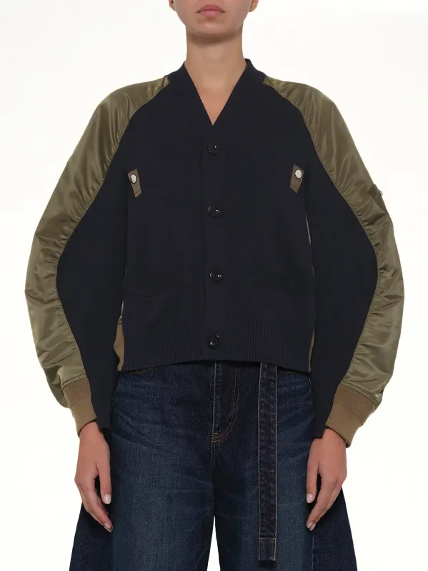 Nylon Twill x Knit Cardigan in Navy/Dark Khaki made by Sacai