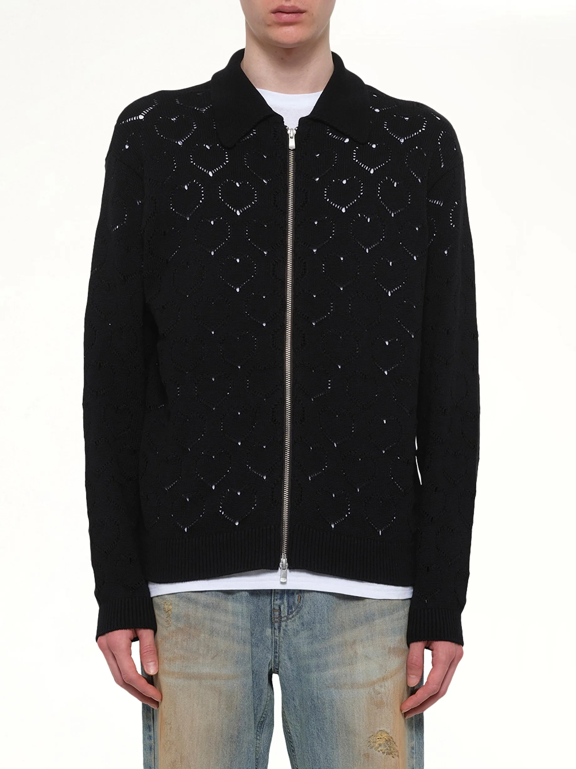 Eyelet Knitted Zip Up in Black sold by MARAIS