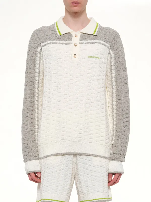 Tennis Boucle Long Sleeve Polo Shirt in White sold by MARAIS