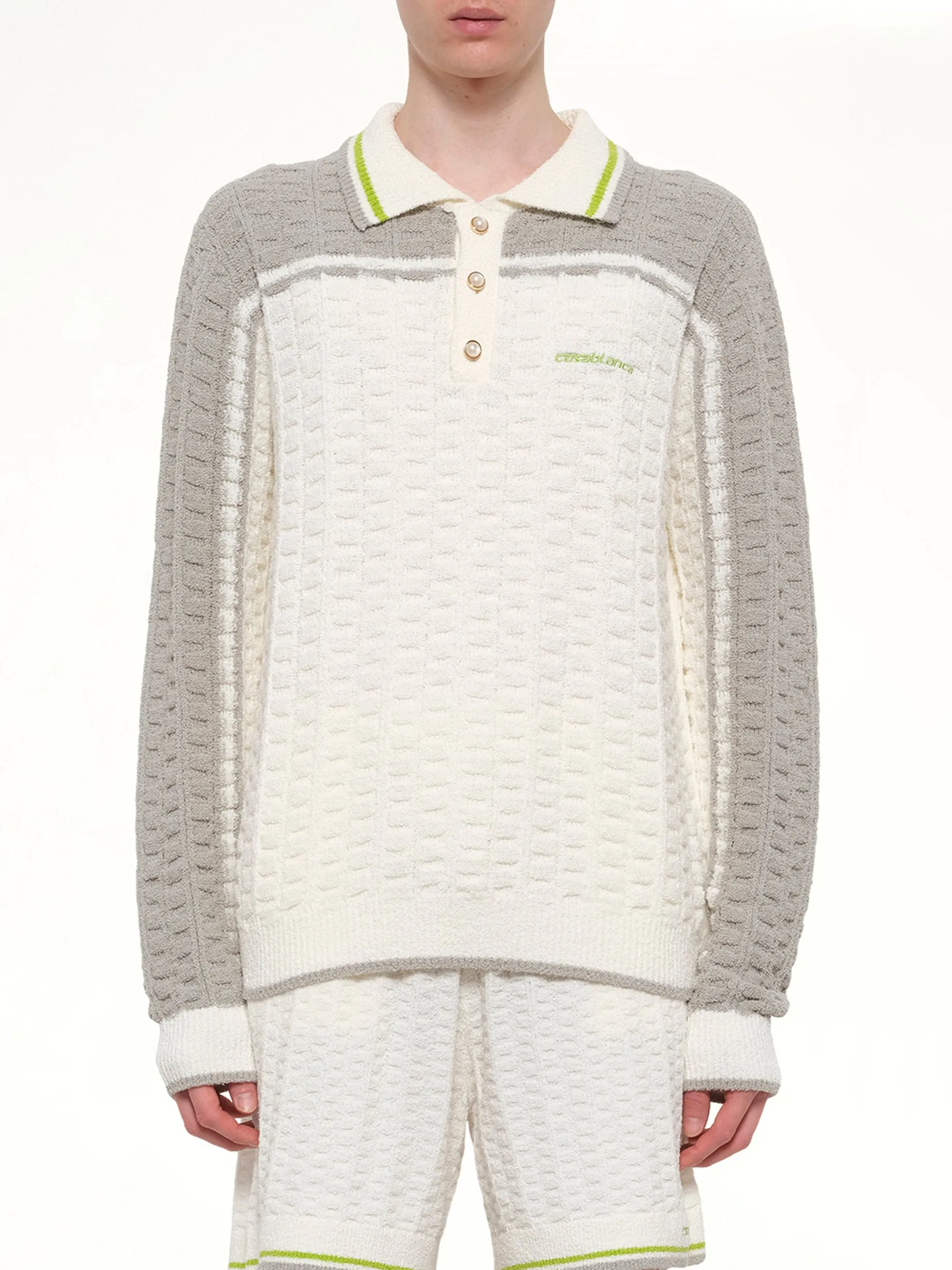 Tennis Boucle Long Sleeve Polo Shirt in White sold by MARAIS