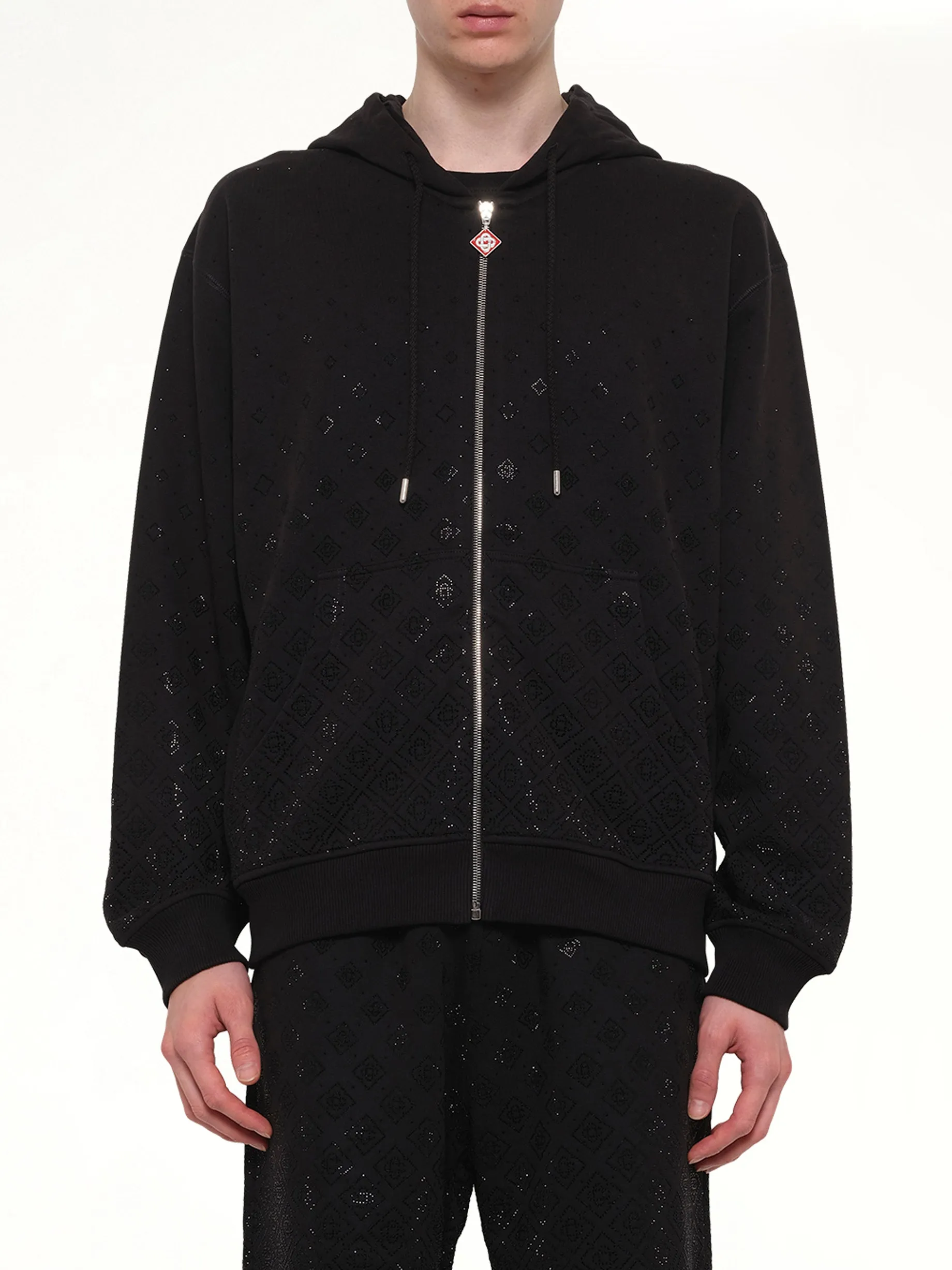 Crystal Monogram Zip-Up Hoodie in Black sold by MARAIS