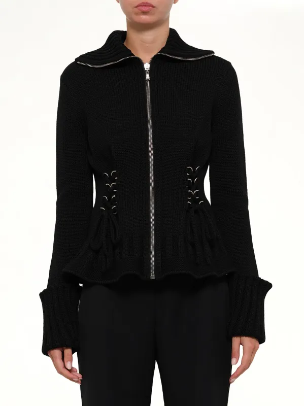 Amq - Lace Up Cardigan in Black made by Alexander McQueen