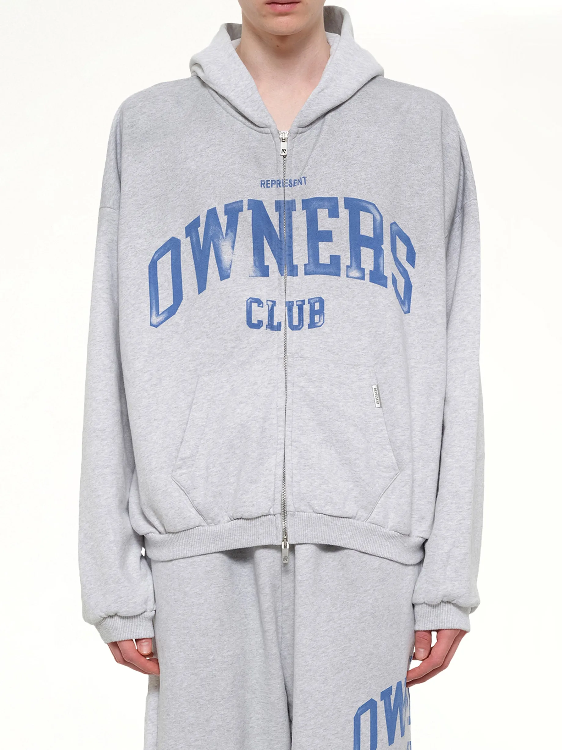 Represent Owners Club Zip Through Hoodie in Sprayed Ice Grey Marl sold by MARAIS
