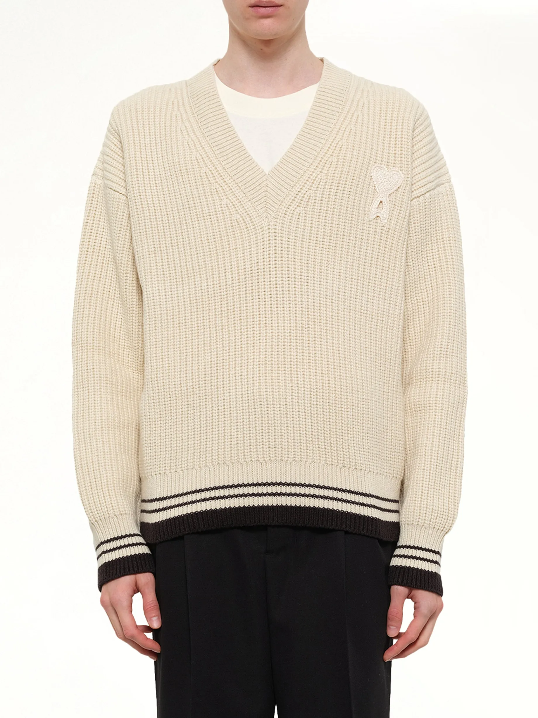 Ami De Coeur V Neck College Sweater in Off White sold by MARAIS