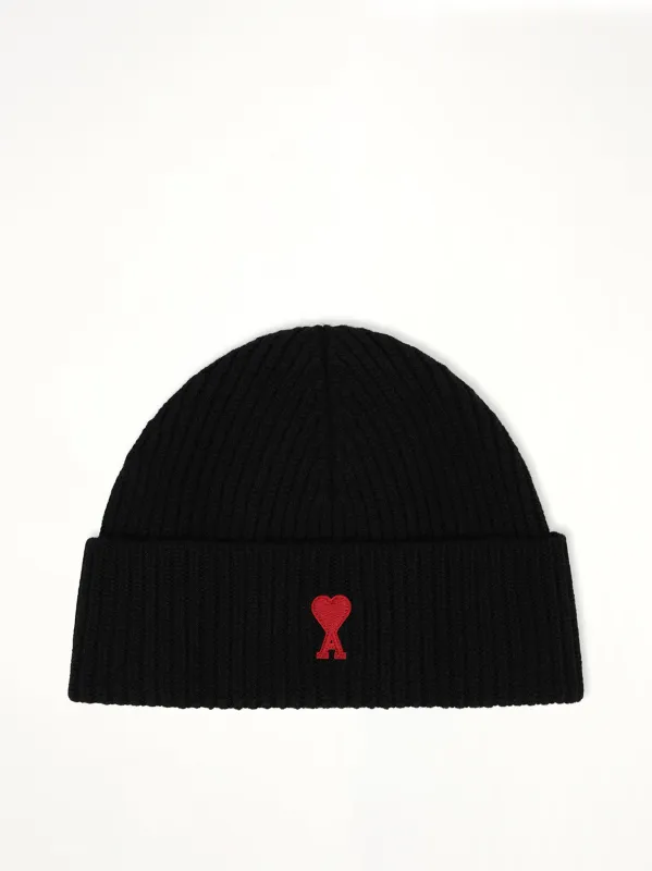 Beanie With Contrasted Ami De Coeur in Black made by Ami