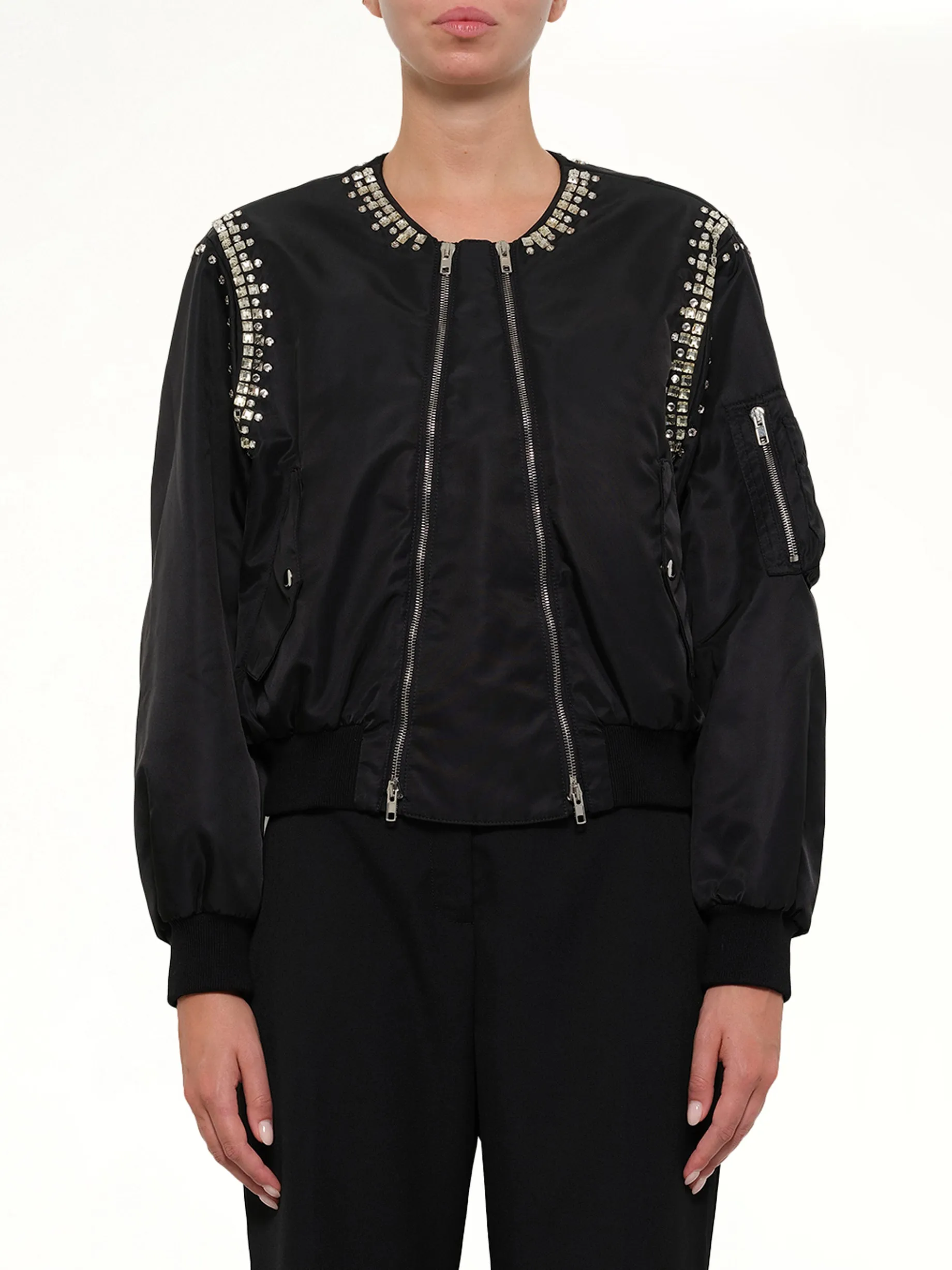 Rhinestone Embroidered Bomber Jacket in Black sold by MARAIS