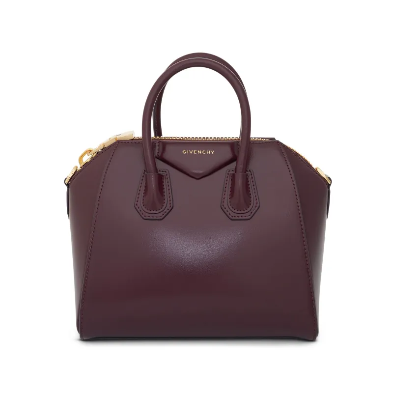 Mini Antigona Bag in Box Leather with GHW in Oxblood Red made by Givenchy