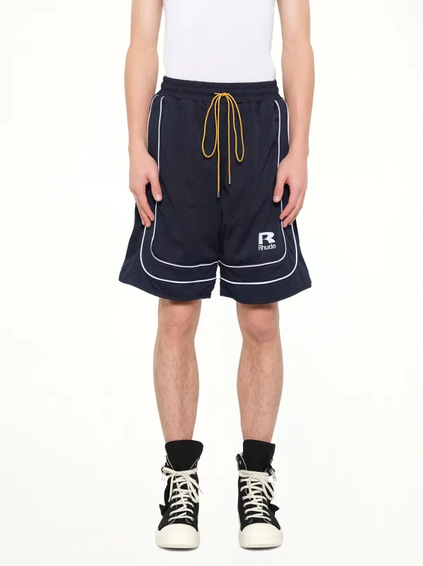 Rhude Mesh Piping Baggy Track Short in Navy/White made by Rhude