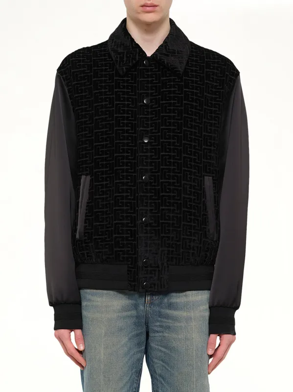 Monogram Velvet/Satin Bomber Jacket in Black made by Balmain