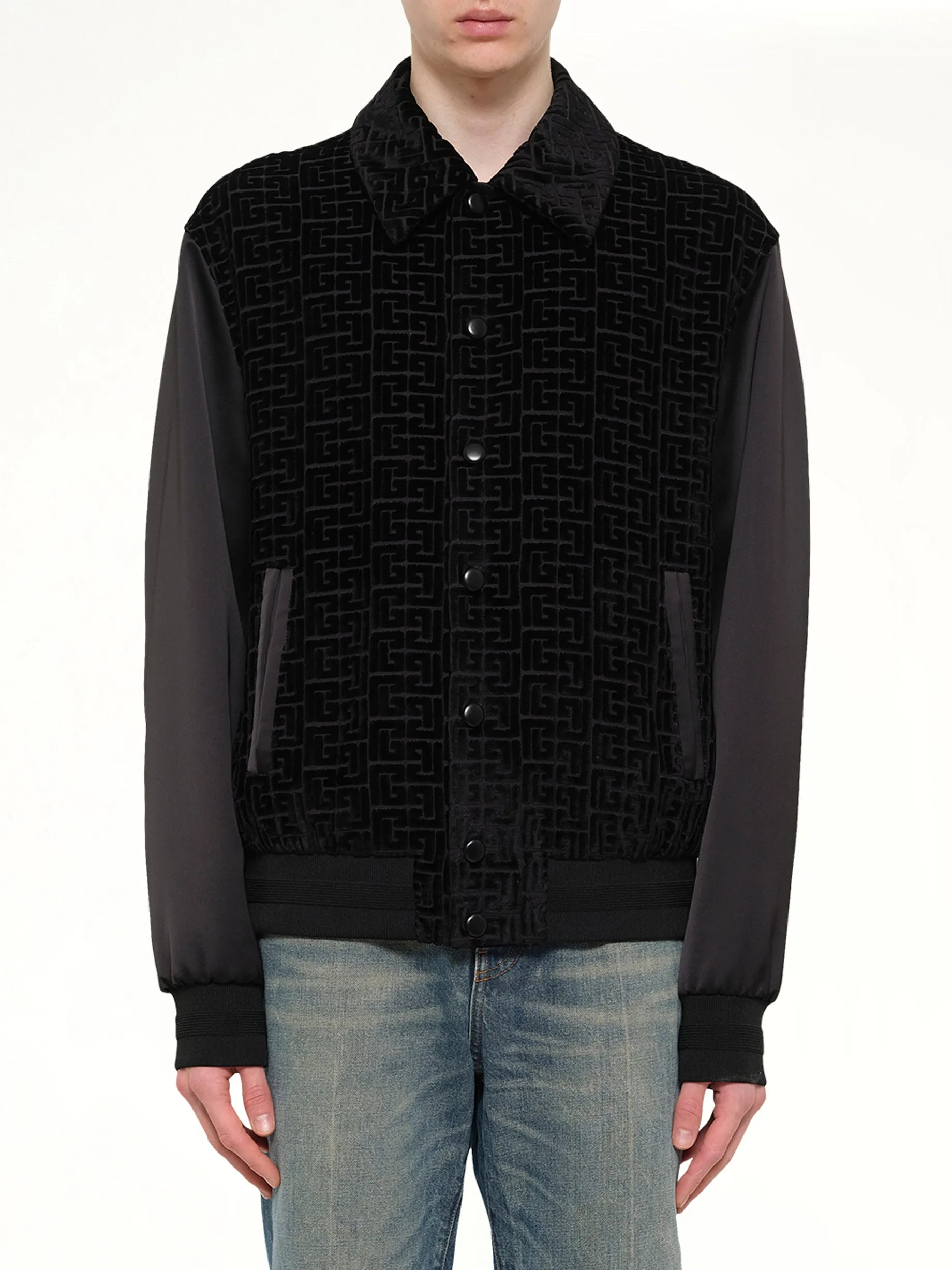 Monogram Velvet/Satin Bomber Jacket in Black sold by MARAIS