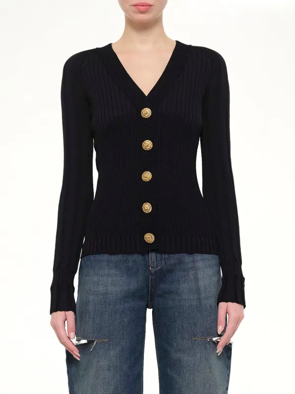 LS Buttoned V-Neck Light Knit Cardigan in Black made by Balmain