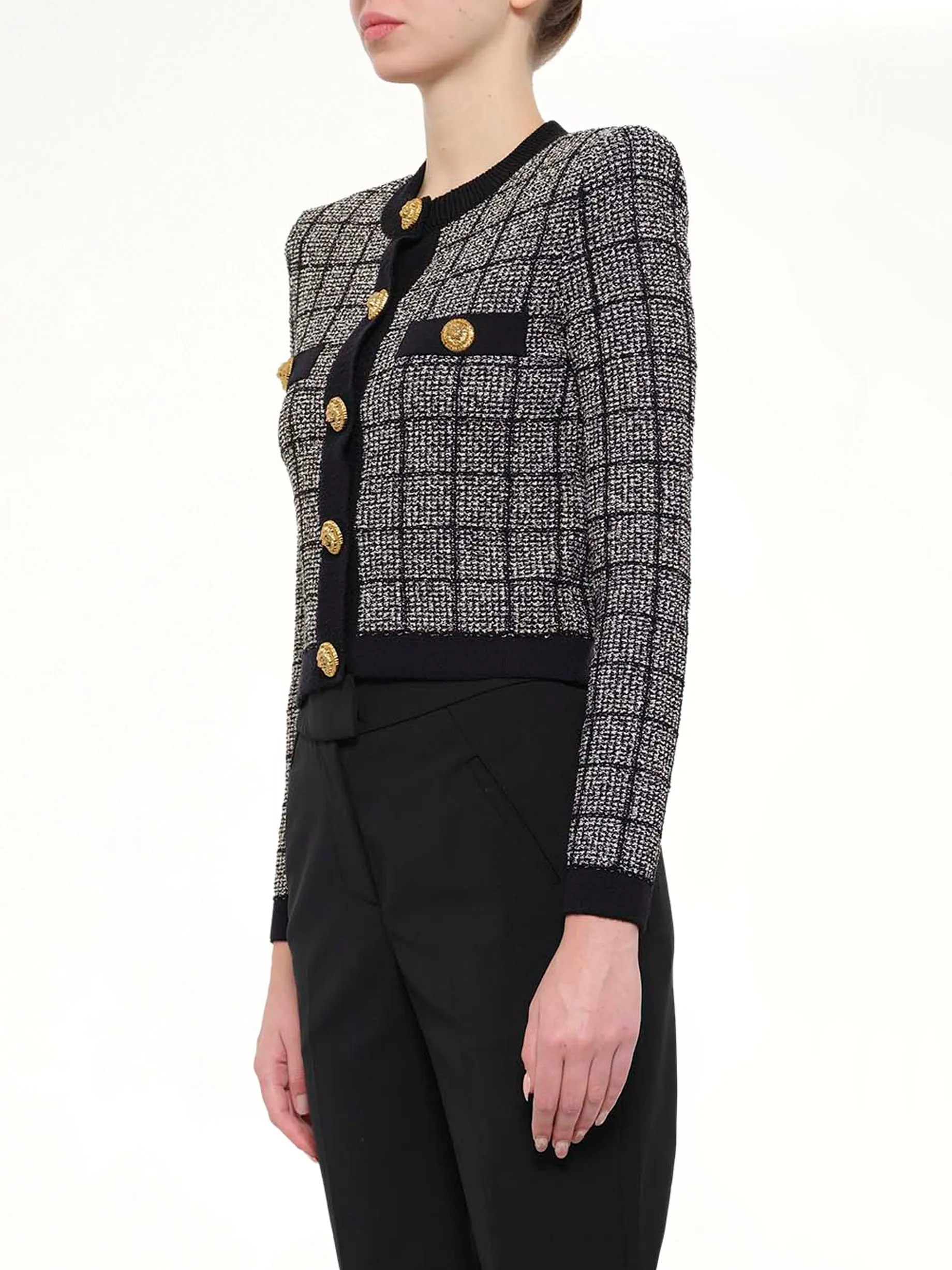 Round Collar Light Tweed Knit Cardigan in Black sold by MARAIS product image thumbnail 3