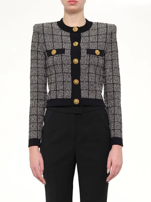 Round Collar Light Tweed Knit Cardigan in Black made by Balmain