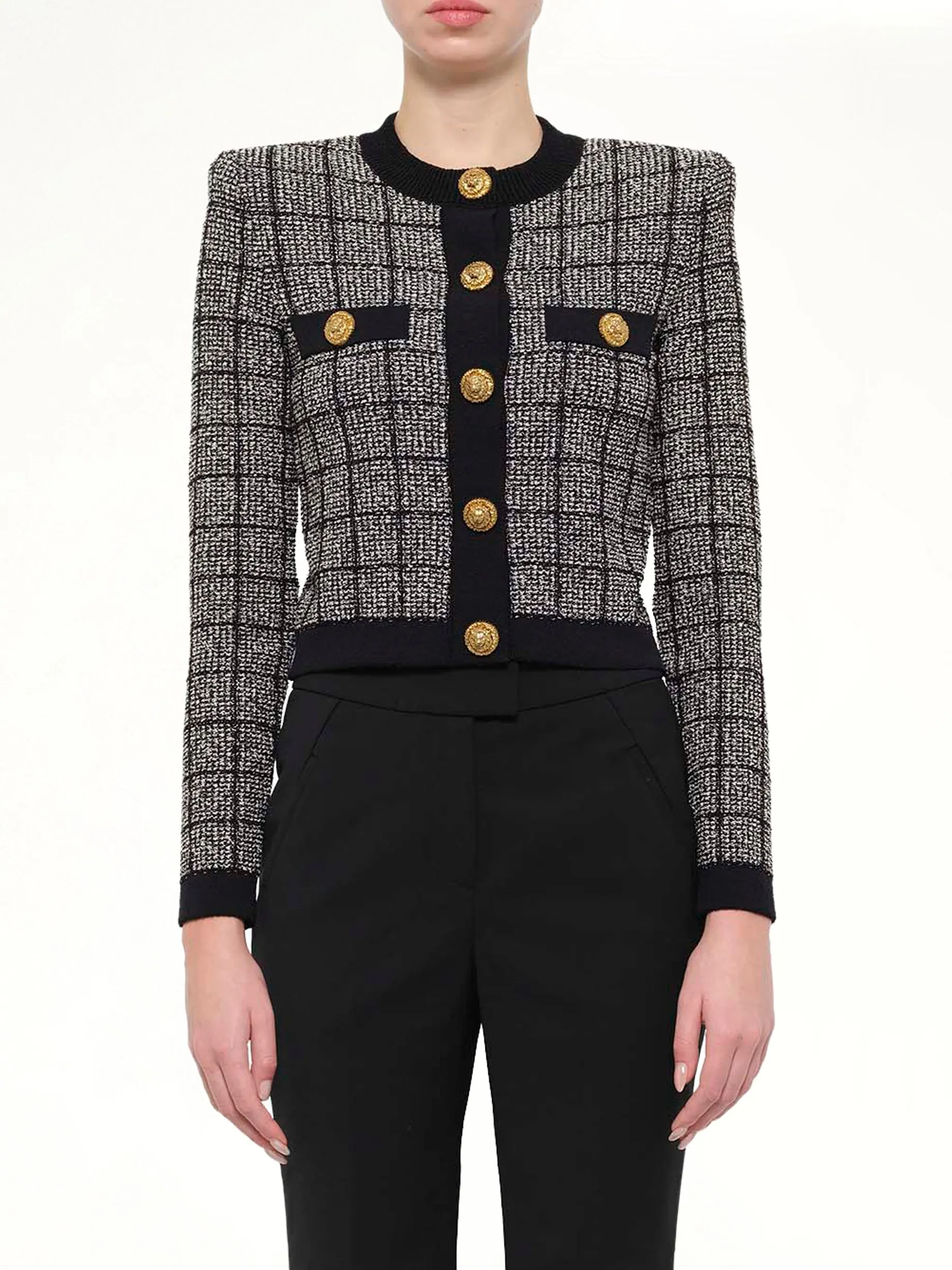 Round Collar Light Tweed Knit Cardigan in Black sold by MARAIS