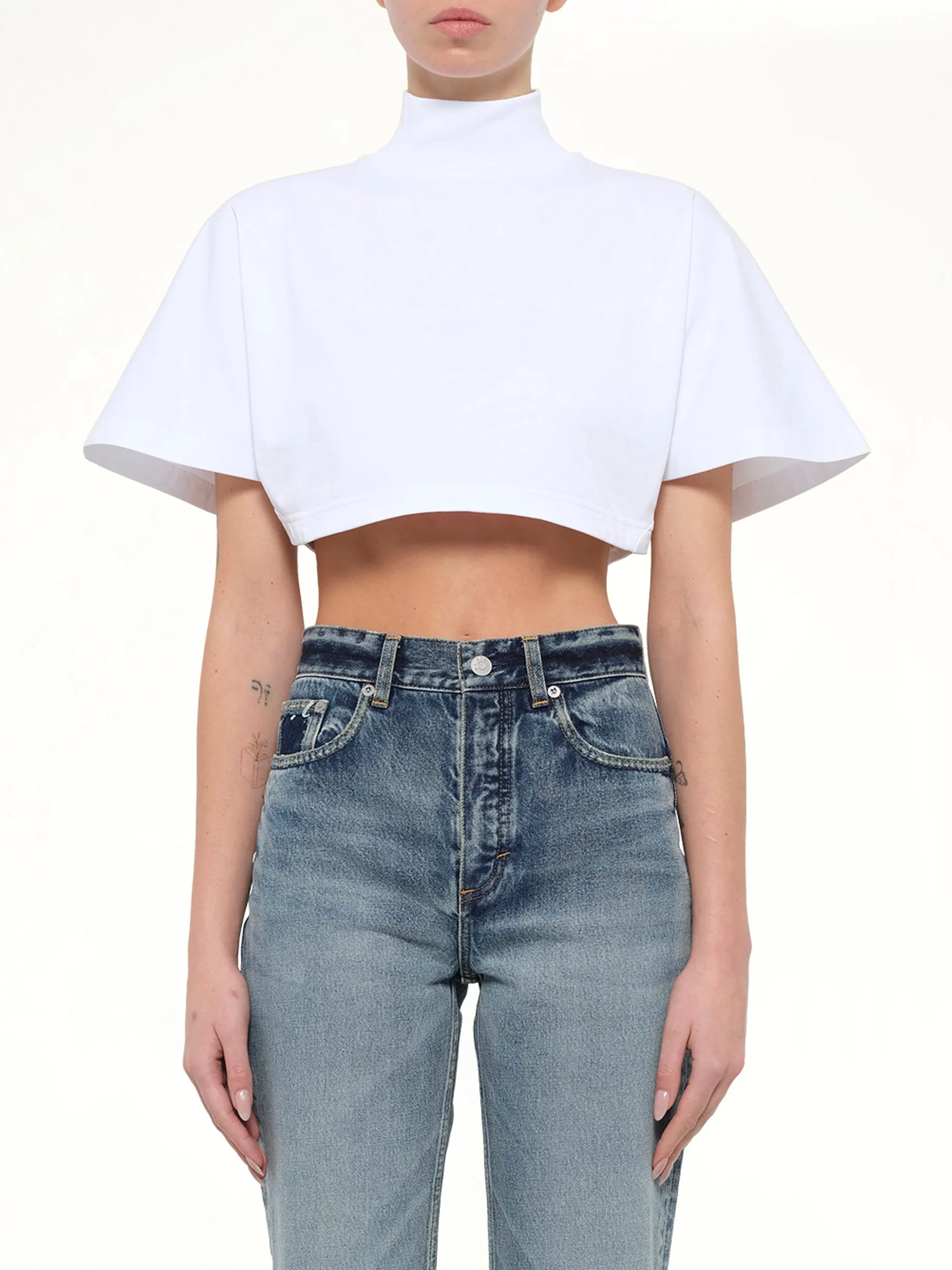 Cotton Jersey Highneck T-Shirt in White sold by MARAIS