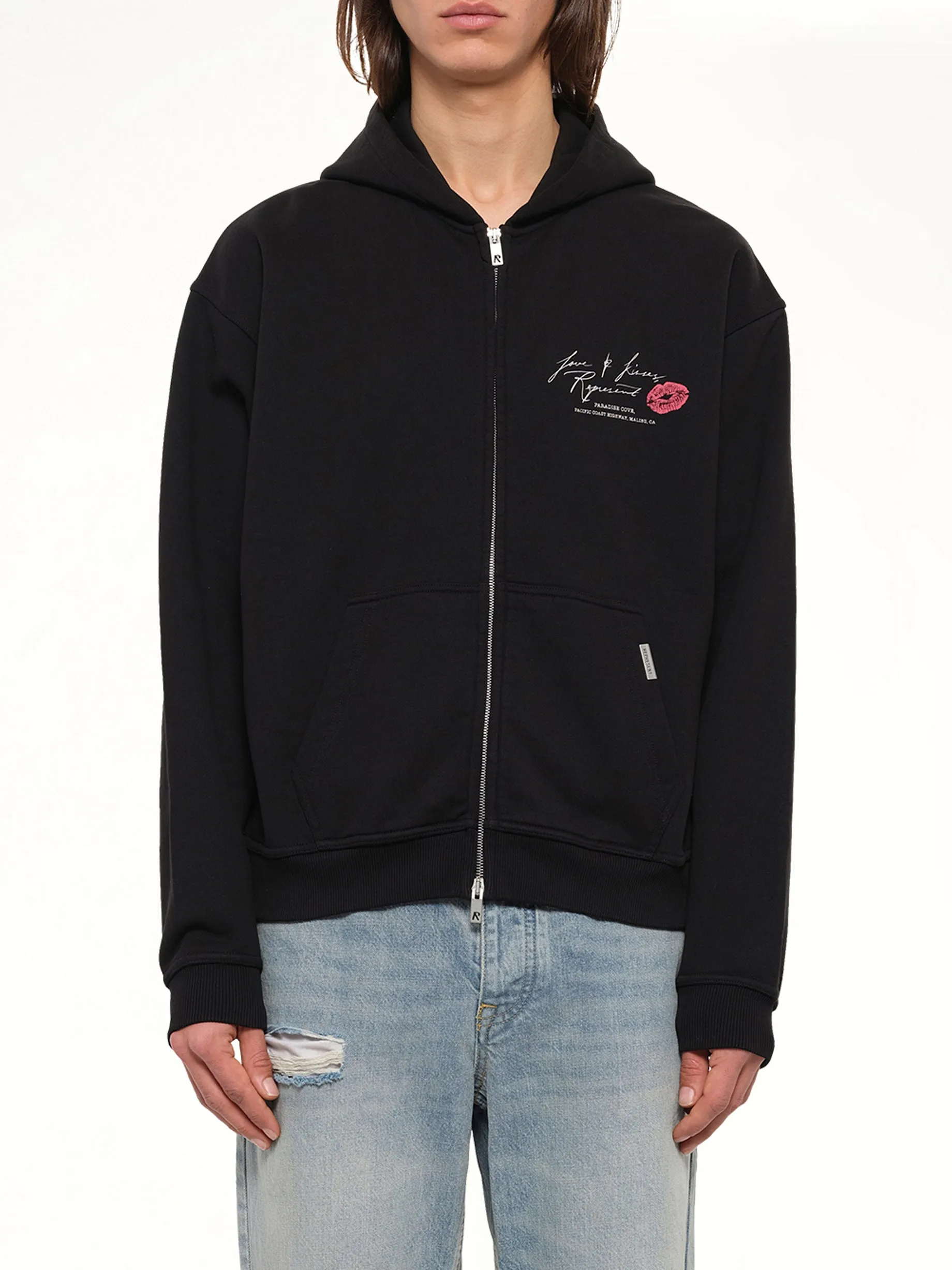 Love And Kisses Zip Through Hoodie in Jet Black sold by MARAIS