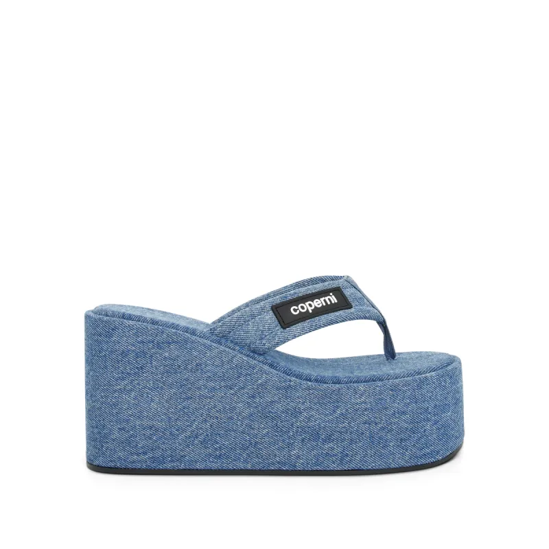 Denim Branded Wedge Sandal in Washed Blue sold by MARAIS