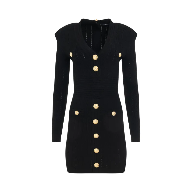 V-Neck Buttoned Knit Short Dress in Black sold by MARAIS
