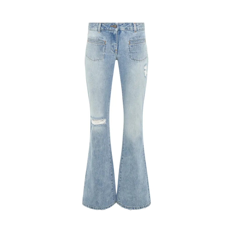 Low-rise Bootcut Denim Pants in Light Blue/Brown sold by MARAIS