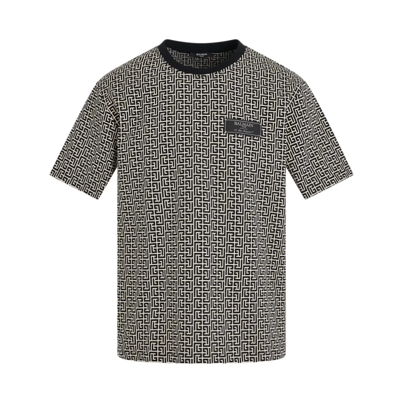 Monogram Jacquard Signature Label T-Shirt in Ivory/Black made by Balmain
