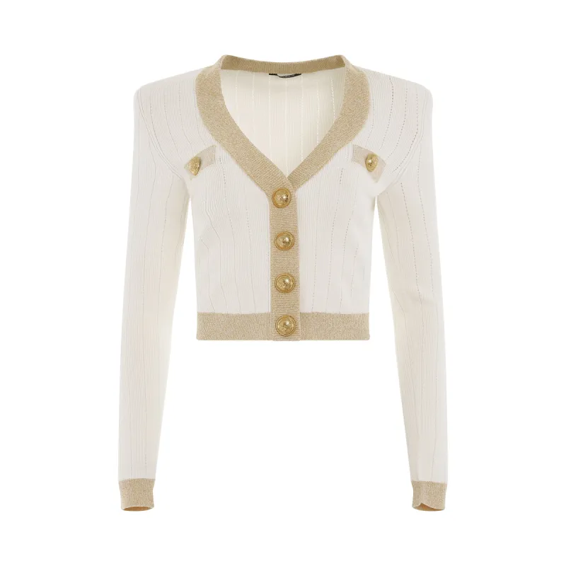 Gold Edge Buttoned Knit Cropped Cardigan in Natural/Gold made by MARAIS