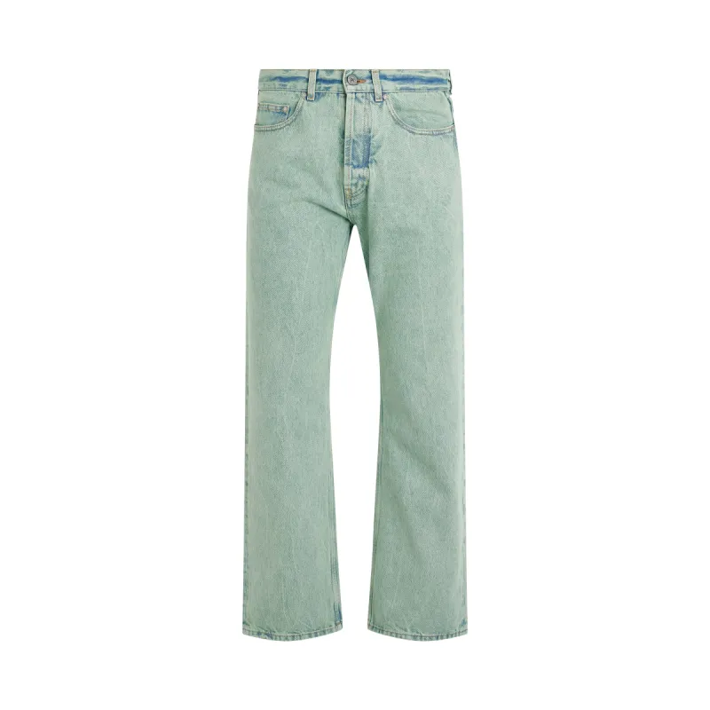 Overdye Logo Denim Pants in Mint/Off White sold by MARAIS