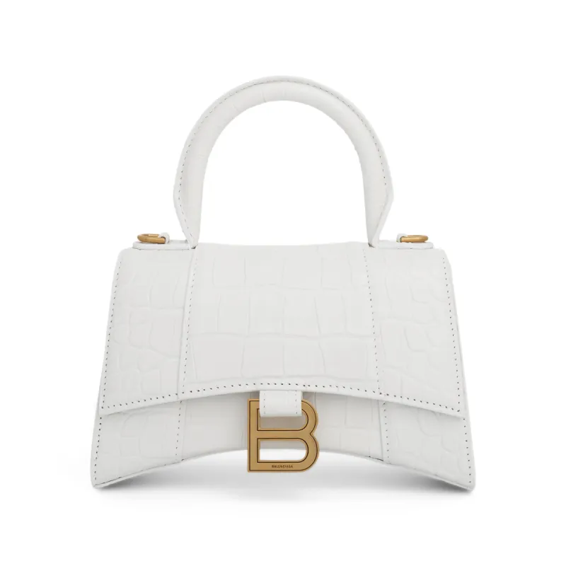 Hourglass XS Croco Embossed Bag in White with Gold Plague sold by MARAIS