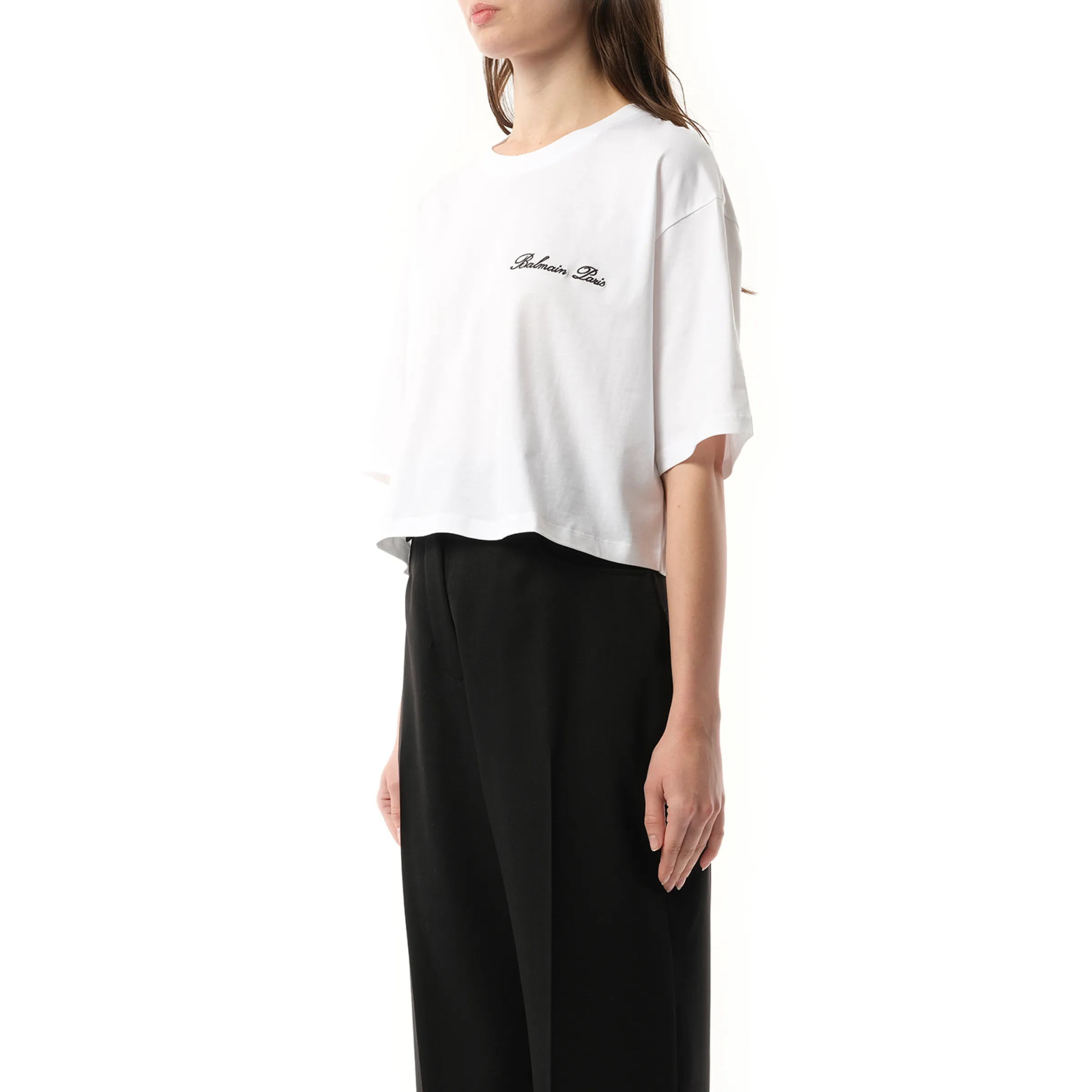 Balmain Signatured Embroidered Crop Top in White/Black sold by MARAIS product image thumbnail 5