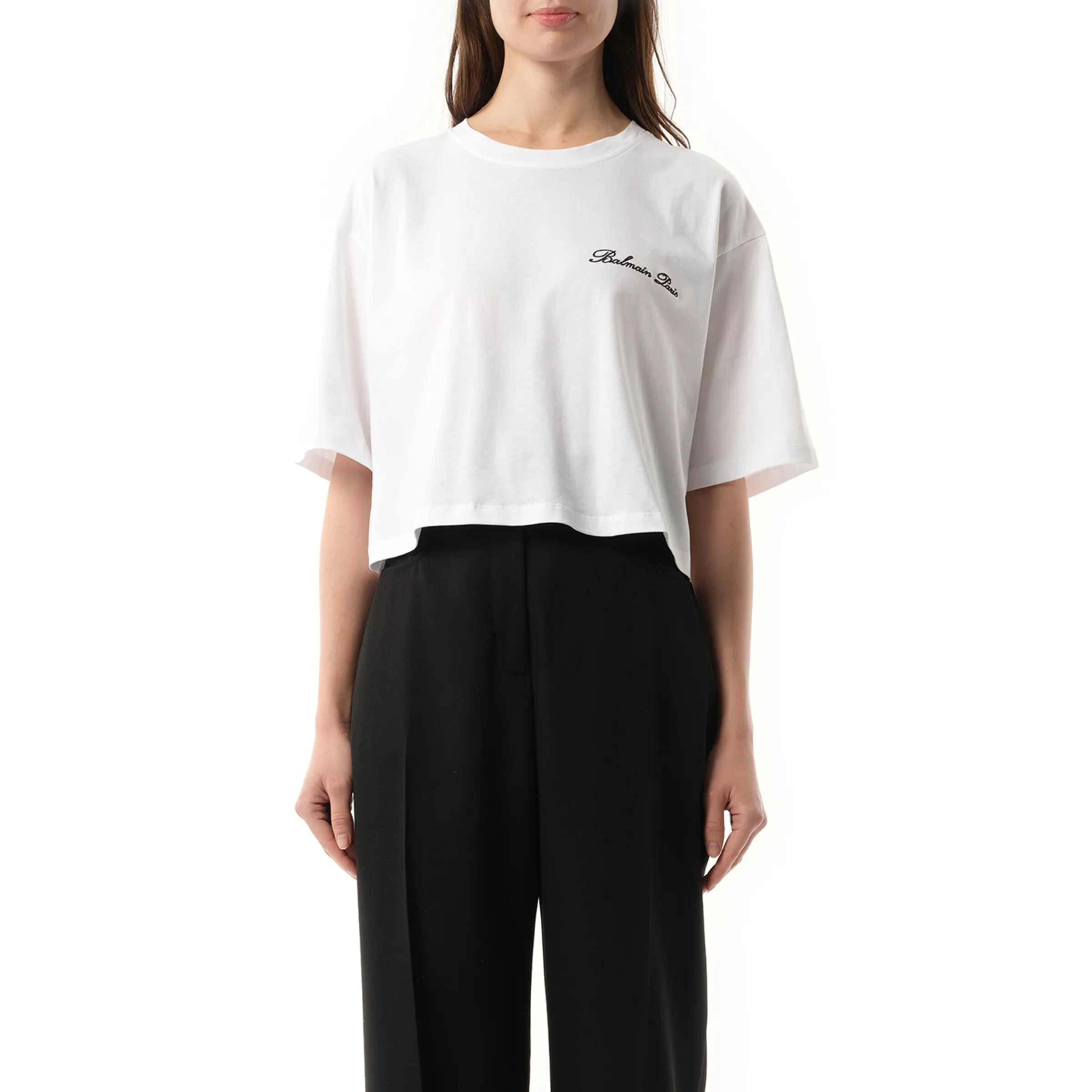 Balmain Signatured Embroidered Crop Top in White/Black sold by MARAIS