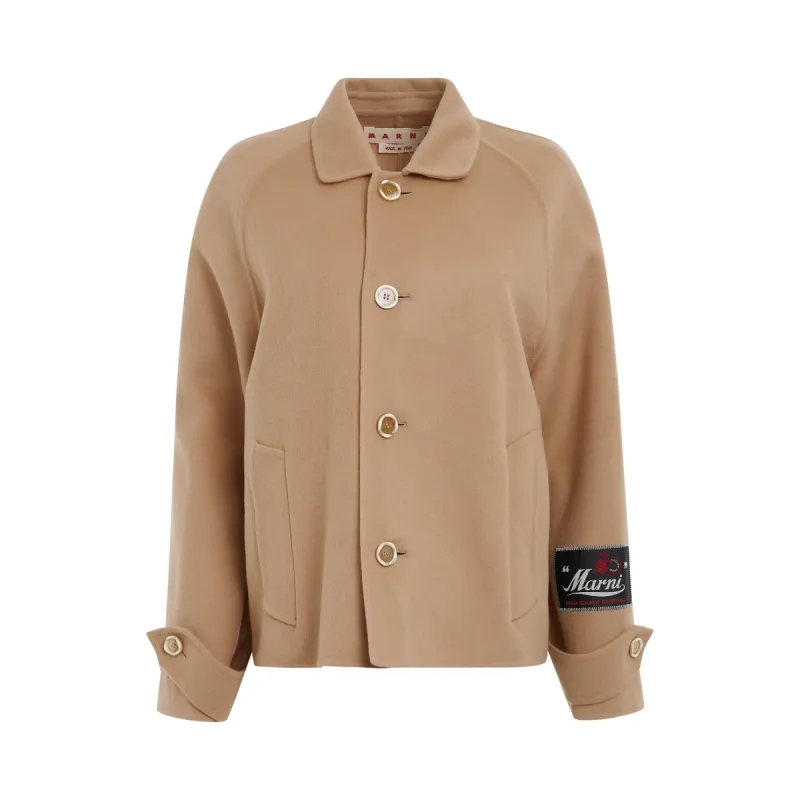 Patch Sleeve Logo Coat in Light Camel sold by MARAIS