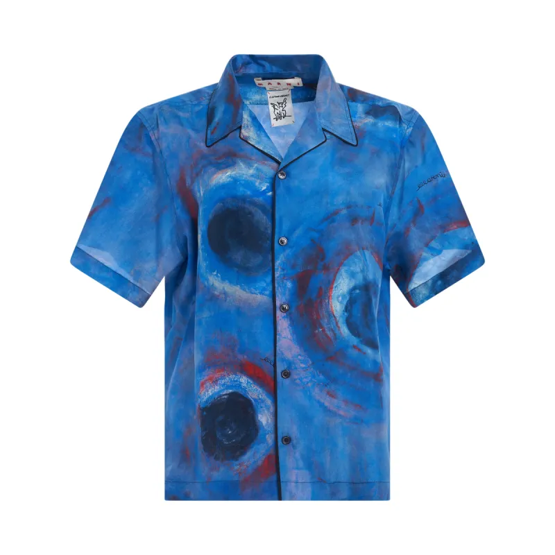 Printed Wide Fit Short Sleeve Shirt in Cobalt sold by MARAIS