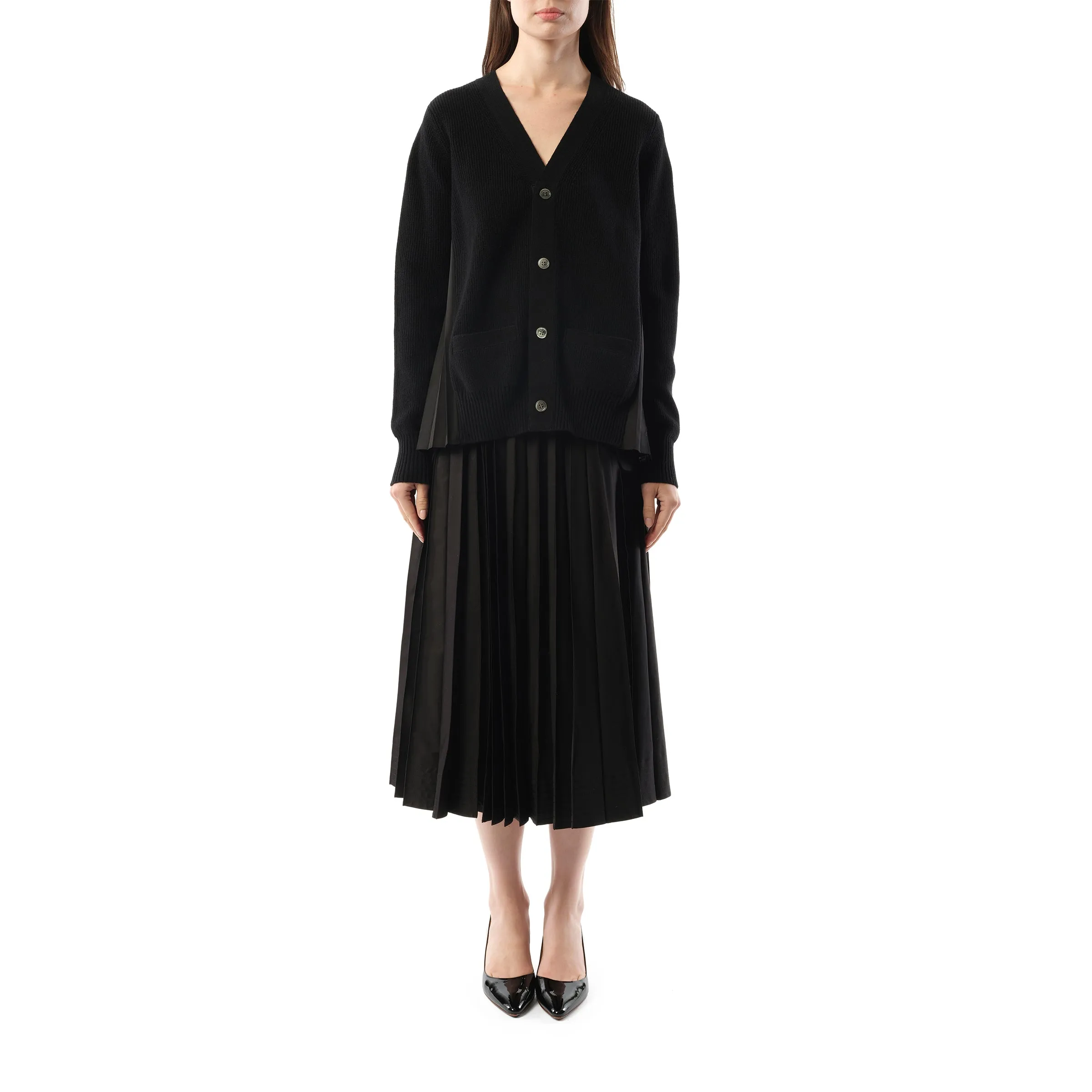 Wool Knit x Cotton Poplin Cardigan in Black sold by MARAIS product image thumbnail 4