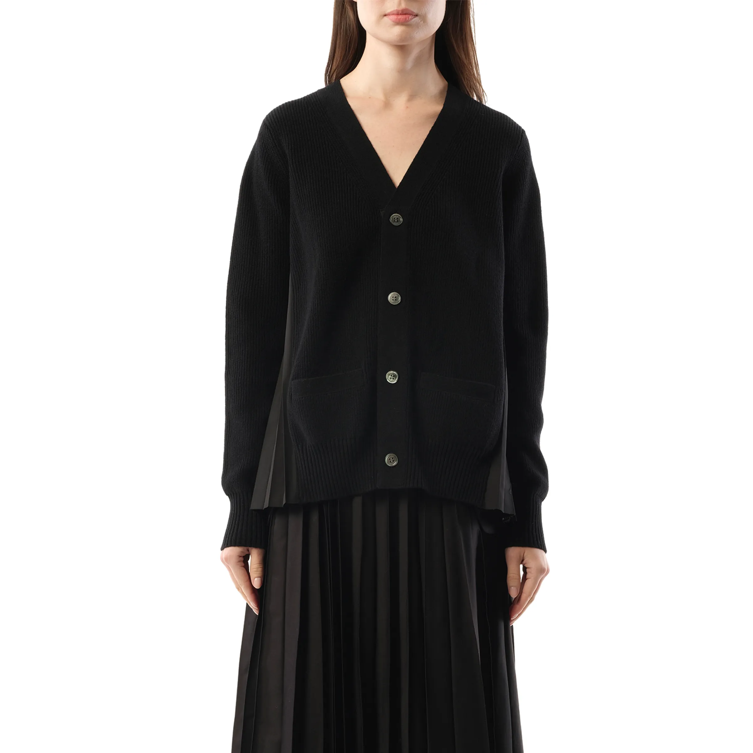 Wool Knit x Cotton Poplin Cardigan in Black sold by MARAIS