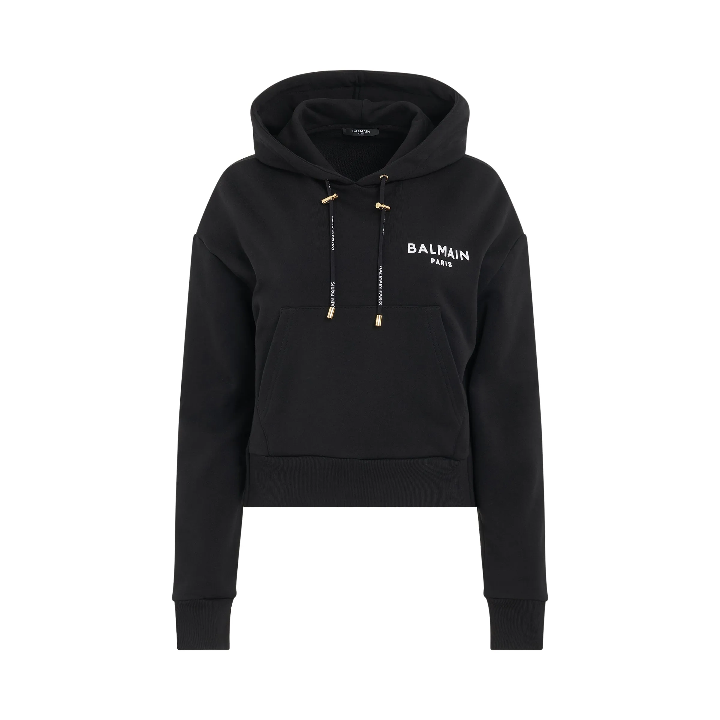 Flocked Logo Detail Cropped Eco Hoodie in Black sold by MARAIS