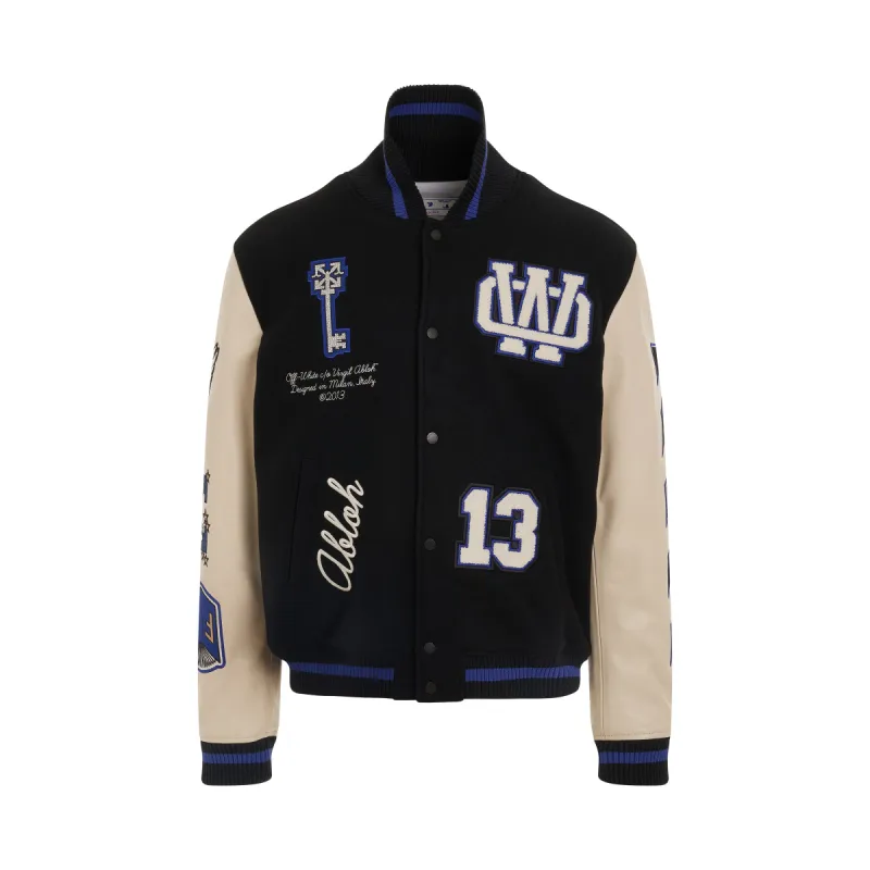 Embroidered Graphics Leather Varsity in Black/Blue sold by MARAIS