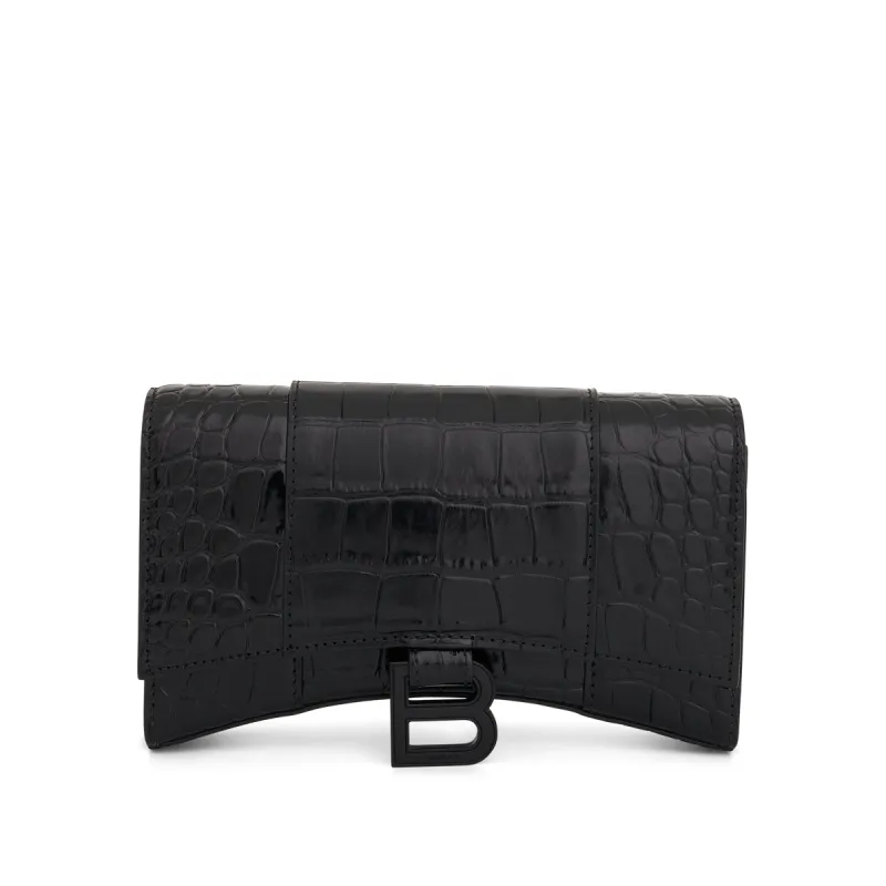 Hourglass Wallet on Chain in Black Shiny Croco sold by MARAIS