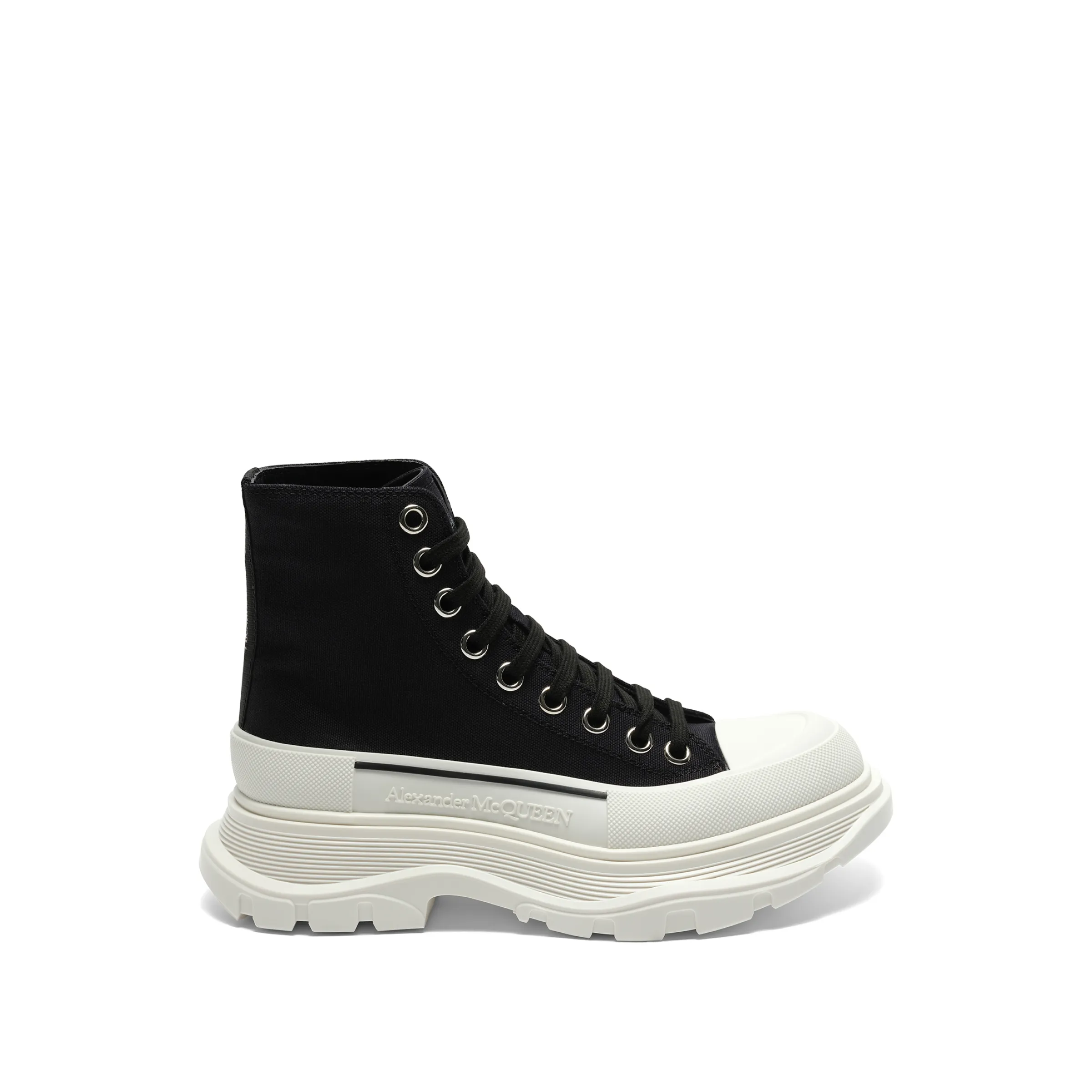 Tread Slick Canvas Lace-Up Boots in Black/White sold by MARAIS