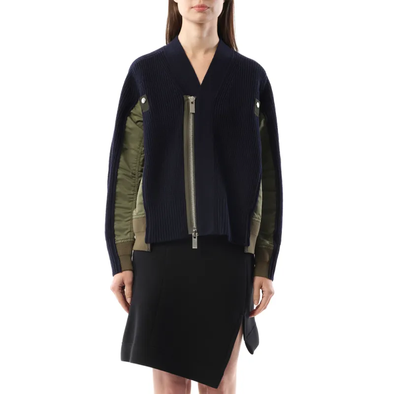 Wool Knit x Nylon Twill Cardigan in Navy/Khaki sold by MARAIS