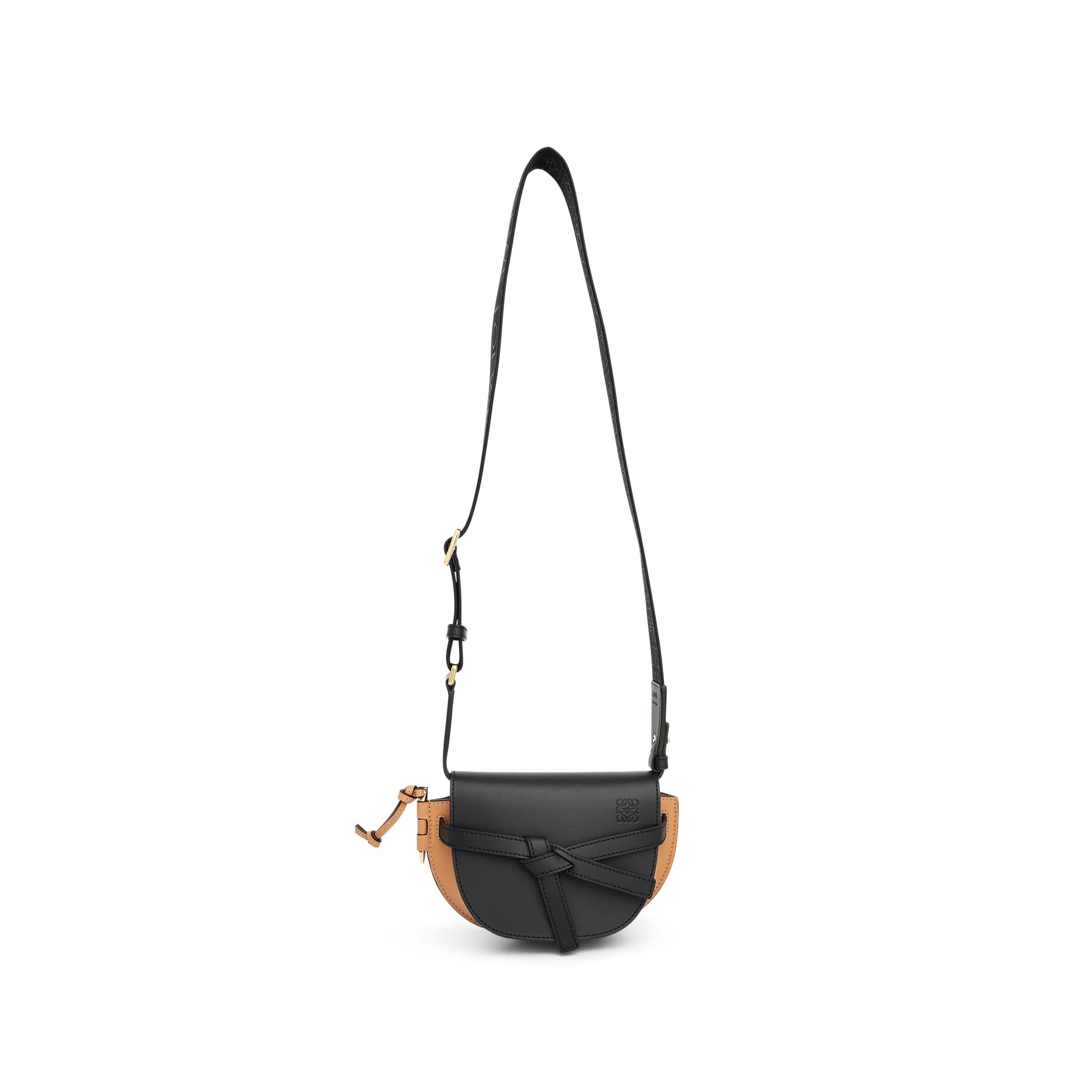 Mini Gate Dual Bag in Soft Calfskin and Jacquard Strap in Black/Warm Desert sold by MARAIS