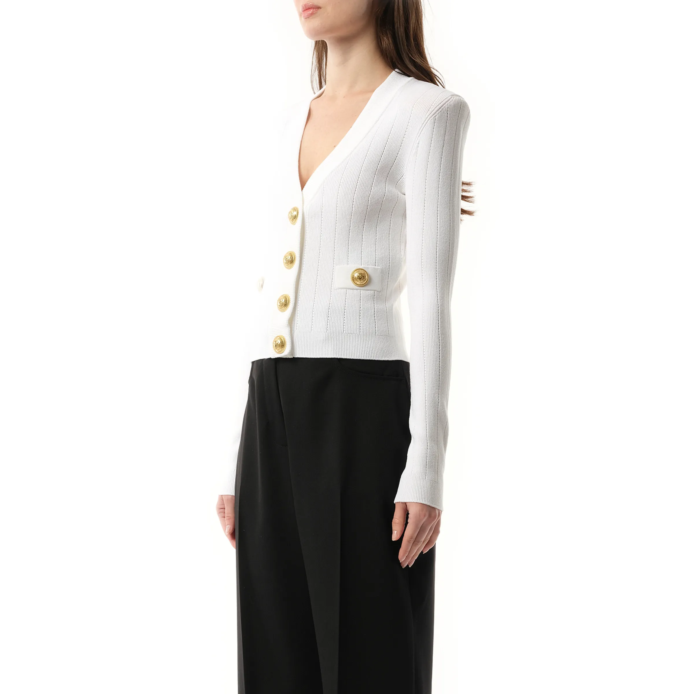 Buttoned Knit Crop Cardigan in White sold by MARAIS product image thumbnail 5