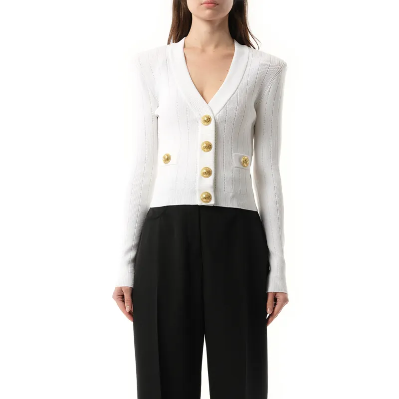 Buttoned Knit Crop Cardigan in White sold by MARAIS