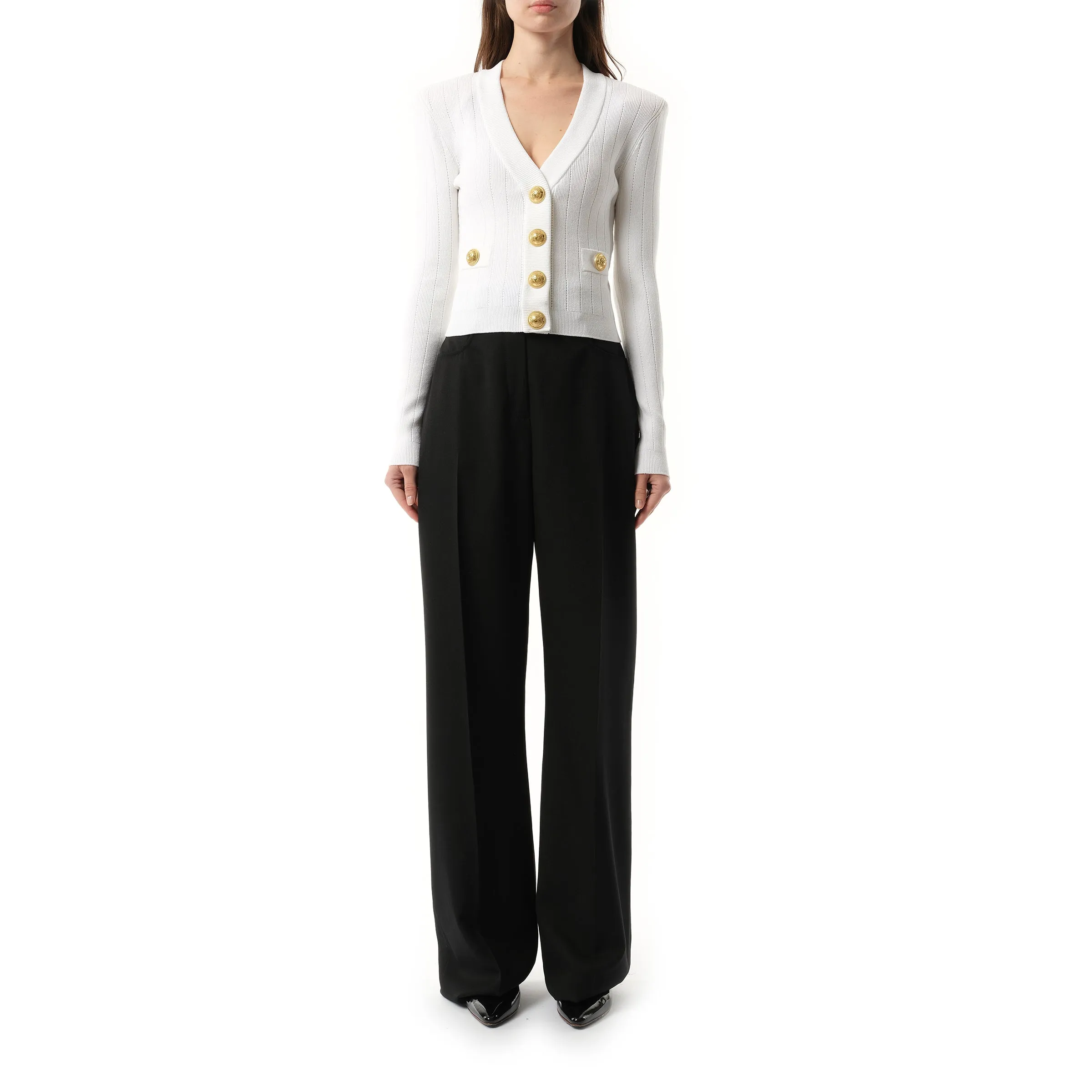 Buttoned Knit Crop Cardigan in White sold by MARAIS product image thumbnail 4