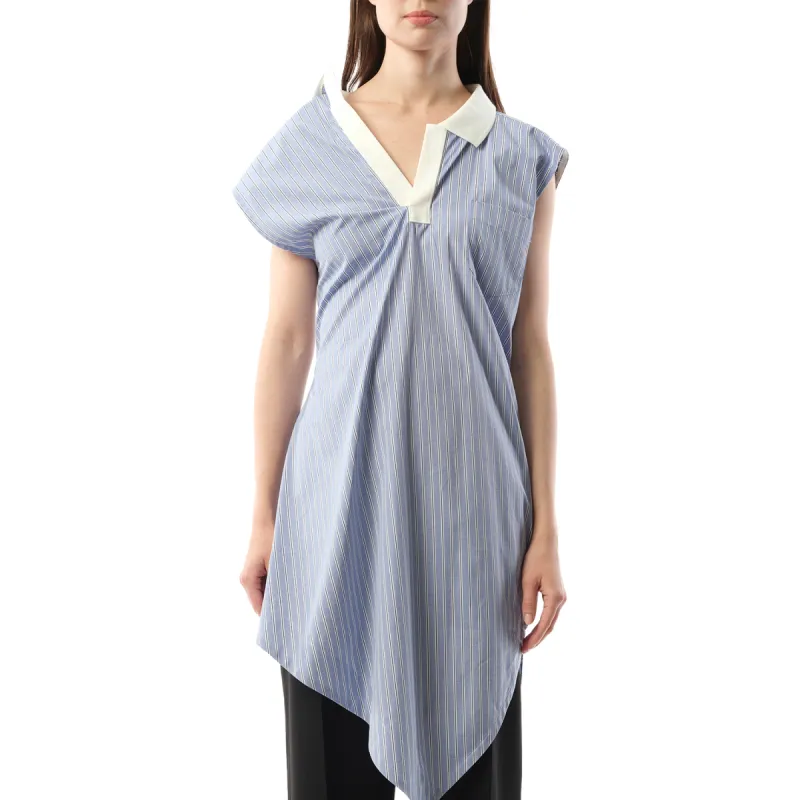 Cotton Poplin Polo Shirt in Light Blue Stripe sold by MARAIS