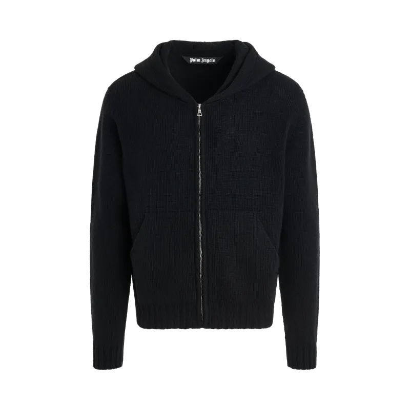 Curved Logo Zip Knit Hoodie in Black/White sold by MARAIS