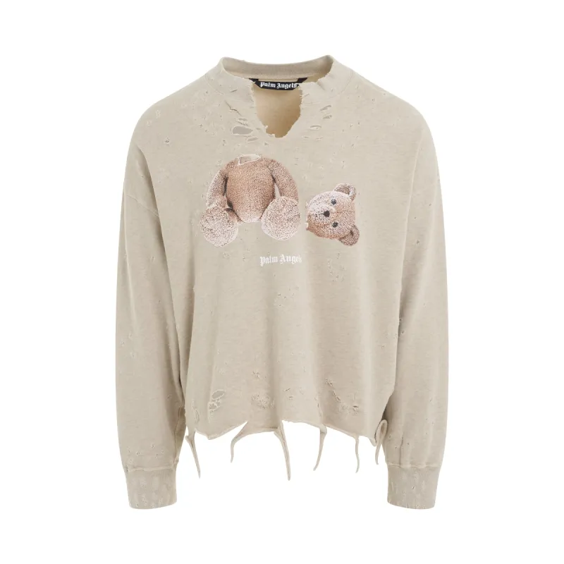 PA Bear Ripped Crewneck Sweatshirt in Melange Grey/Brown made by MARAIS
